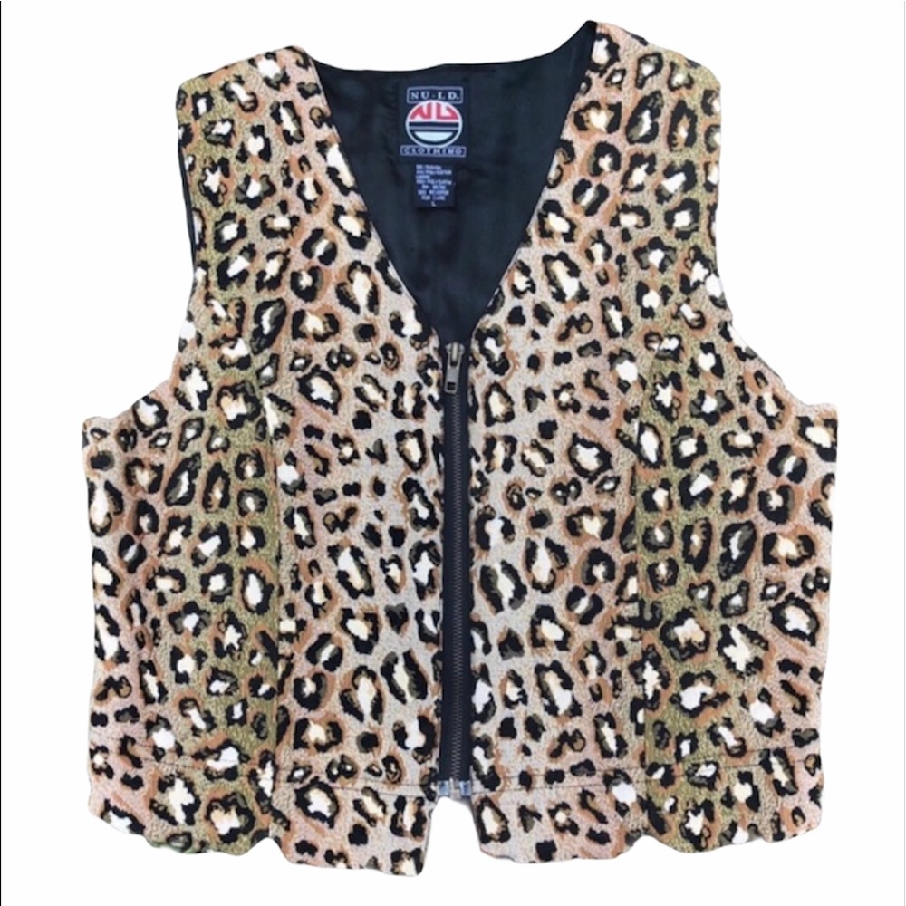 Vintage tapestry leopard print zip front vest
